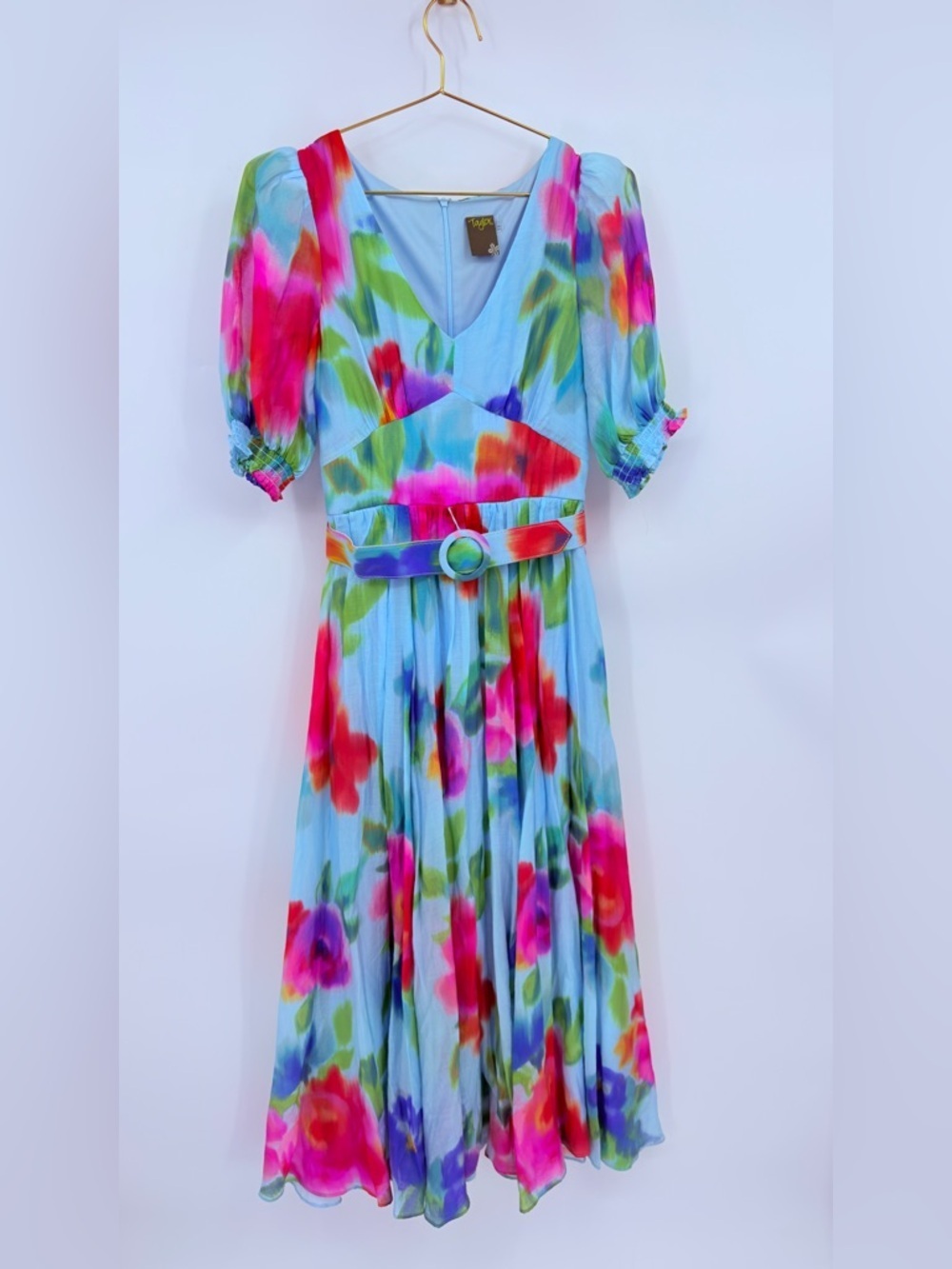 Taylor Blue Floral Midi Dress Size 4 Belted Puff Sleeve Colorful Dress